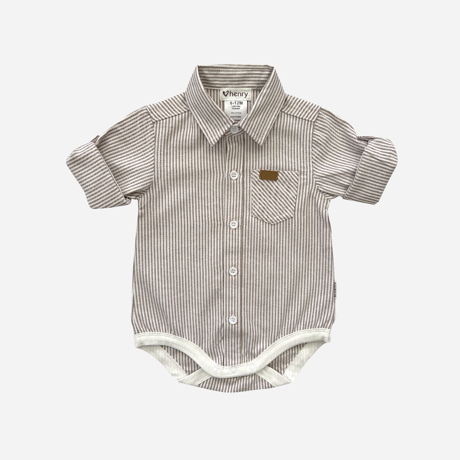 Love Henry Baby Boys Dress Shirt Romper Beige Pinstripe